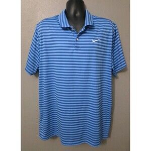Nike standard fit polo shirt men's XXL dri fit blue striped white swoosh poly